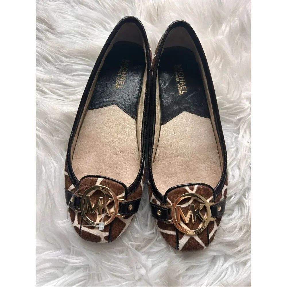 Michael Kors Brown Leopard Print Calf Hair Flat Ballet Shoe Sz 6M Logo
